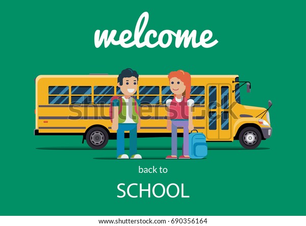 Children get\
on school bus. illustration flat\
style