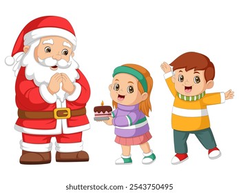 Children give a surprise to Santa Claus with a birthday cake of illustration - Powered by Shutterstock