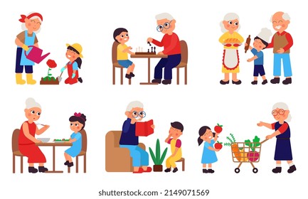 Children with grandparents. Cartoon grandparent spend time with grandchildren. Cute grandson and granny, elderly people family decent set - Powered by Shutterstock