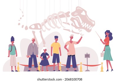 Children Group Natural History Museum Educational Guide Excursion. School Students Visiting Archeology Museum  Illustration. Kids Paleontology Excursion. Skeleton Of Dinosaur