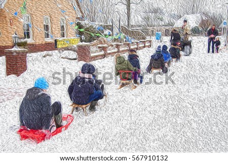 Children group running with sled around the village
 with a lot of Snow 