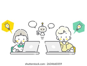 Children having fun learning using AI - Simple and cute line drawing illustrations