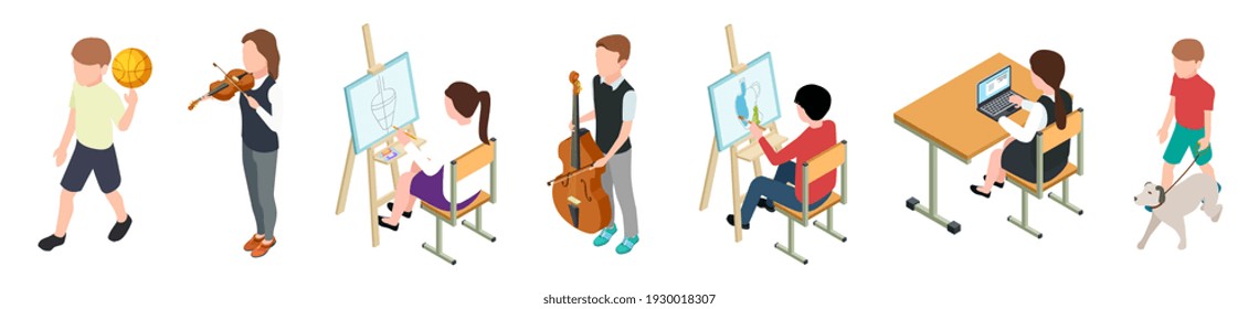 Children And Hobbies. Isometric Kids Set. Hobby For Drawing, Music, Sports, Computer, Animals