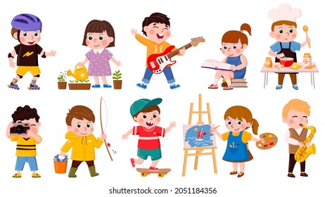 Children Hobby. Cartoon School Or Preschool Kids Cook, Read, Draw And Play Music, Creative Childrens Hobbies  Illustration Set. Active Kids Hobbies. Hobby In Childhood, School And Kindergarten