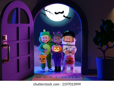 Children Holding Jack-O-Lanterns Outside The Door On Halloween Night, 3D Rendered Character Illustration