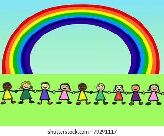 Children Holding Their Hands Under Rainbow Stock Illustration 79291117 ...