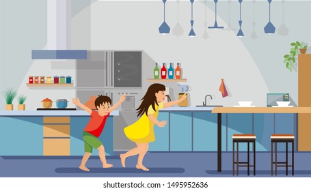 Children Hurrying For Breakfast Flat . Happy Boy And Girl Running And Playing In Spacious Kitchen With Dining Table And Various Appliances Illustration. Kids Enjoying New Modern House Concept