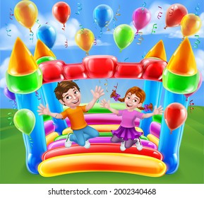 Children jumping and bouncing on a kids bouncy inflatable castle house
