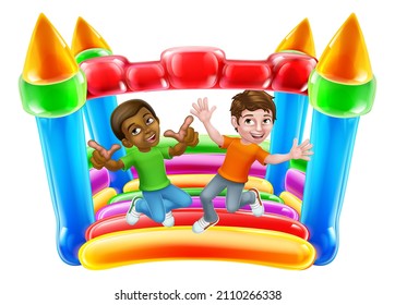 Children Jumping And Bouncing On A Kids Bouncy Inflatable Castle House