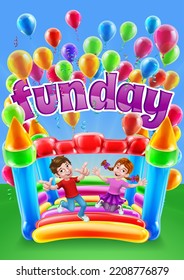 Children Jumping And Bouncing On A Kids Bouncy Inflatable Castle House