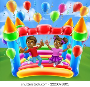 Children Jumping And Bouncing On A Kids Bouncy Inflatable Castle House