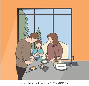 Children learn to cooking food on the day at home.Mom and dad teaching kids cooking gathered in domestic kitchen preparing family recipe pie or dessert, playful siblings helping to parents. - Powered by Shutterstock