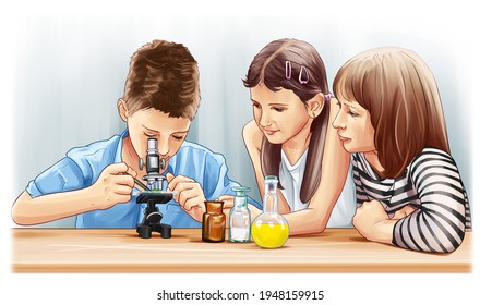 Children learn science through a microscope