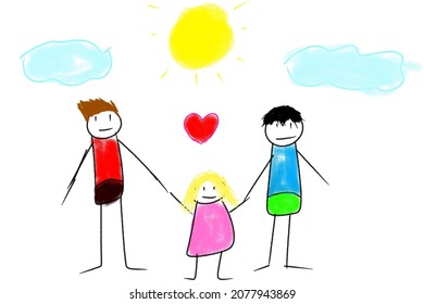 Children painting LGBTQ+ family and crayon  Kid drawing gay couple  Two dad   one daughter  
