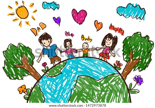 Children Painting Pencil Draw Happy Family Stock