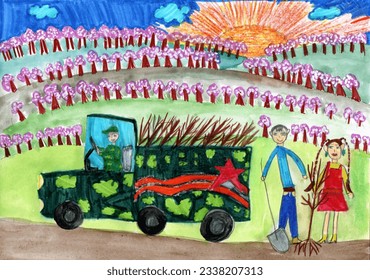 The children planted a tree in memory of the war. Pencil art in childish style