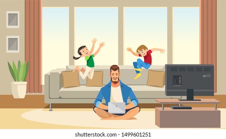 Children play and jump on sofa behind working business father. Work life balance concept with fun cartoon characters. illuctration of parent and children at living room modern interior. - Powered by Shutterstock