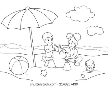 Children play on the beach. Children coloring book. - Powered by Shutterstock