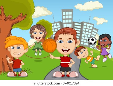 Children Playing Basketball Jumping Rope Soccer Stock Illustration ...