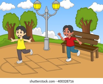 Children Playing Hopscotch Yard Cartoon Image: Stockillustration