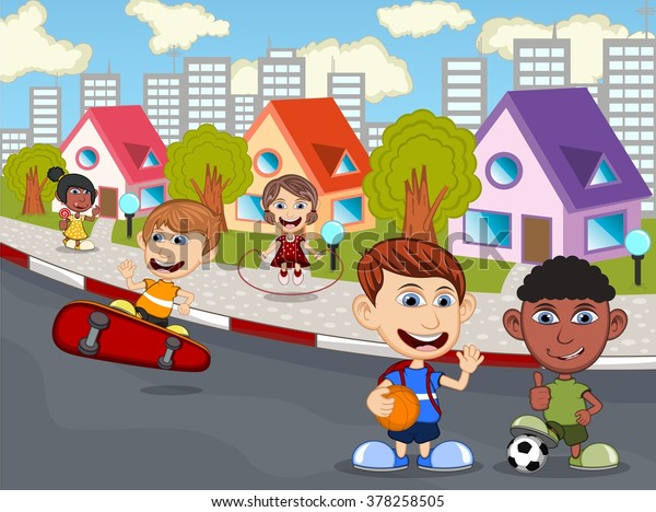 Children Playing On Street Cartoon Stock Illustration 378258505 ...