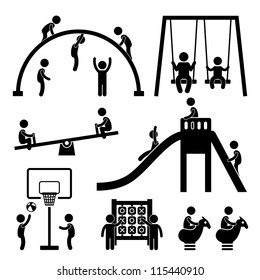 Children Playing At Playground Park Outdoor Stick Figure Pictogram Icon