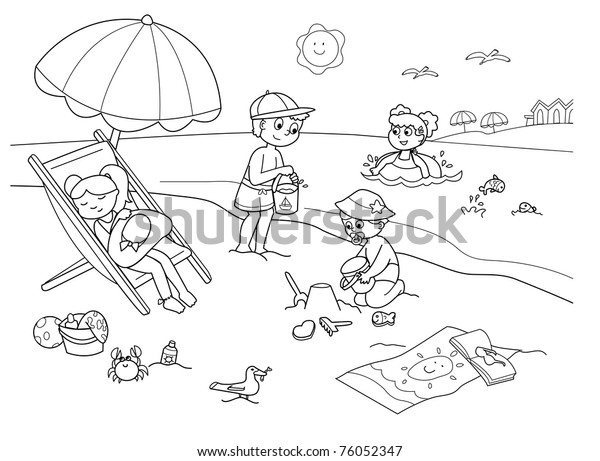 浜辺で砂遊びをしている子どもたち 白黒の背景にカートーンイラスト のイラスト素材