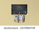 Children pointing at blackboard, education collage design. Vintage education collage desktop background. Vintage paper textured collage design background. Vintage aesthetic beige background.