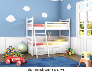 Children Room In Blue Walls With Bunk Bed And Lots Of Toys On The Floor