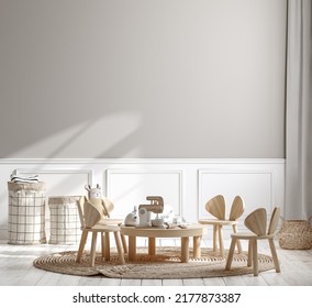 Children Room With Wooden Furniture , Wall Mockup In Interior Background, 3D Render