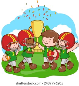 Children rugby players cheering and holding a golden trophy at the football field. - Powered by Shutterstock