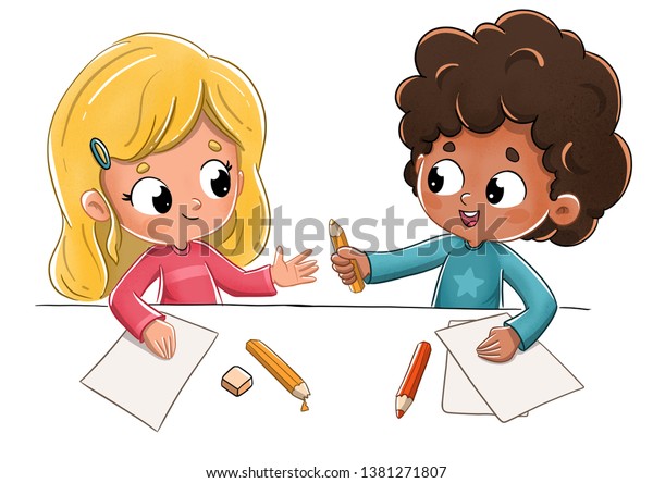 学校の子どもが鉛筆を貸す のイラスト素材