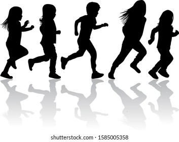 Children Silhouettes Running. Black Silhouette.