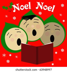 Children Singing Christmas Carols Illustration Red And Green