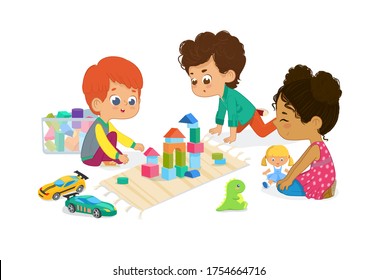 Children sit in circle and play with toys in the kindergarten classroom, play with wooden toy blocks, cars, doll and laugh. Learning through entertainment concept. illustration for flyer, website, etc - Powered by Shutterstock