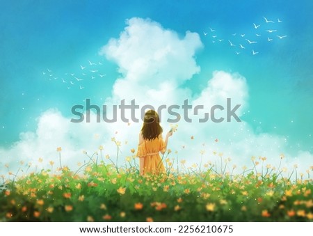 Children In Spring Flower Sea Illustration