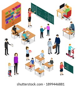 Children Student And Teacher Education Concept 3d Isometric View Lesson On Classroom. Illustration Of Professional Course