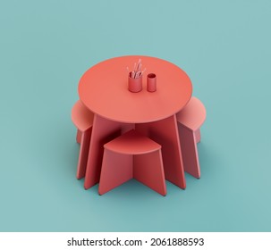 A Children Table. Isometric Red Color Playground Object For Physical And Mental Development Of Children. Monochrome Single Color, 3d Rendering. No People.