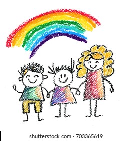 Children with teacher or mother Kids drawing illustration for school, kindergarten Pastel pencils drawing Chalk illustration Crayon kinder illustration