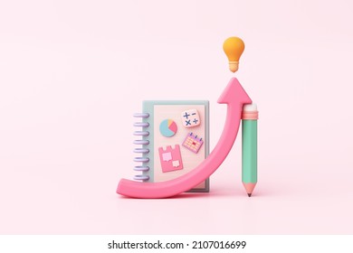 Children Theme Diary Notebook School Learning Kids Cute Pastel Creative Education Or Business Success Math Study Time Management Idea Imagination Light Bulb Calendar. Clipping Path. 3D Illustration.