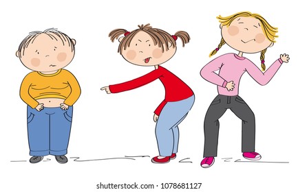 Children (two Girls) Bullying Fat Boy, Sneering, Offending Him. Original Hand Drawn Illustration Of Aggression Towards Other Child.