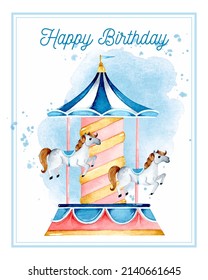 Children Vintage Carousel With Horses Watercolor Card Invitation	