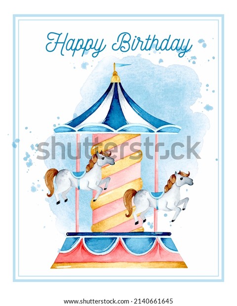Children vintage carousel with horses\
watercolor card\
invitation	