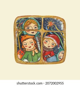 Children in winter clothes singing сhristmas carols outside looking into the window. Cute singers in traditional clothes with folklore attributes. Doodle hand-drawn gouache illustration greeting card  - Powered by Shutterstock