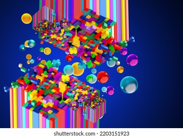 Childrens Background. Abstract Multicolored Design. Kids Bricks And Bubbles. Background From Kids Bricks. Childrens Decorations On Dark Blue. Kids Bricks Metaphor For Educational Games. 3d Image.