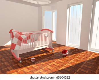 Children's bed in an empty room, lit by sunlight. 3d