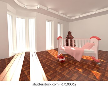 Children's bed in an empty room, lit by sunlight. 3d