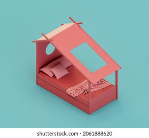 A Children's Bed With A Roof And Windows.Isometric Red Color Playground Object For Physical And Mental Development Of Children. Monochrome Single Color, 3d Rendering. No People.