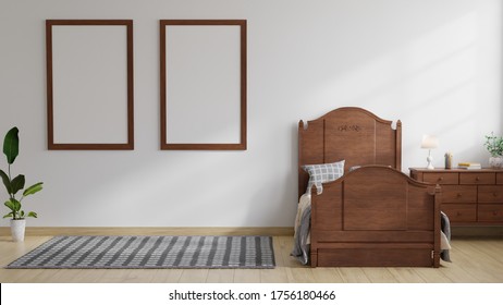 Children's Bedroom Has A Wooden Bed With A Lamp On The Table With A Frame Attached To The White Wall.3D Rendering
