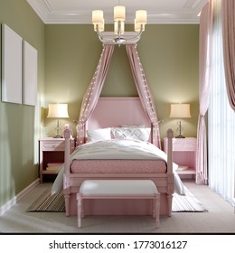 Childrens Bedroom With A Large Pink Bed And Aldohin Over, Pistachio-colored Walls. 3D Rendering.